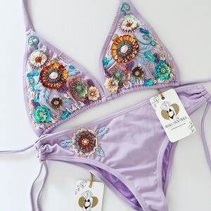 NWT Lilac Chic Artisanal Sequin Colombian Bikini Set Beaded Swimwear Swimsuit